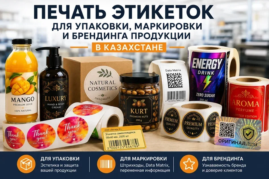 Печать этикеток для упаковки, маркировки и брендинга продукции в Казахстане